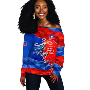 Haiti Flag Day Arcahaie 1803 Off Shoulder Sweater Geometric Low Poly Flag Art - Birthplace Of Liberty Graphic