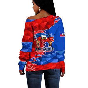 Haiti Flag Day Arcahaie 1803 Off Shoulder Sweater Geometric Low Poly Flag Art - Birthplace Of Liberty Graphic