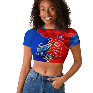 Haiti Flag Day Arcahaie 1803 Raglan Cropped T shirt Geometric Low Poly Flag Art - Birthplace Of Liberty Graphic