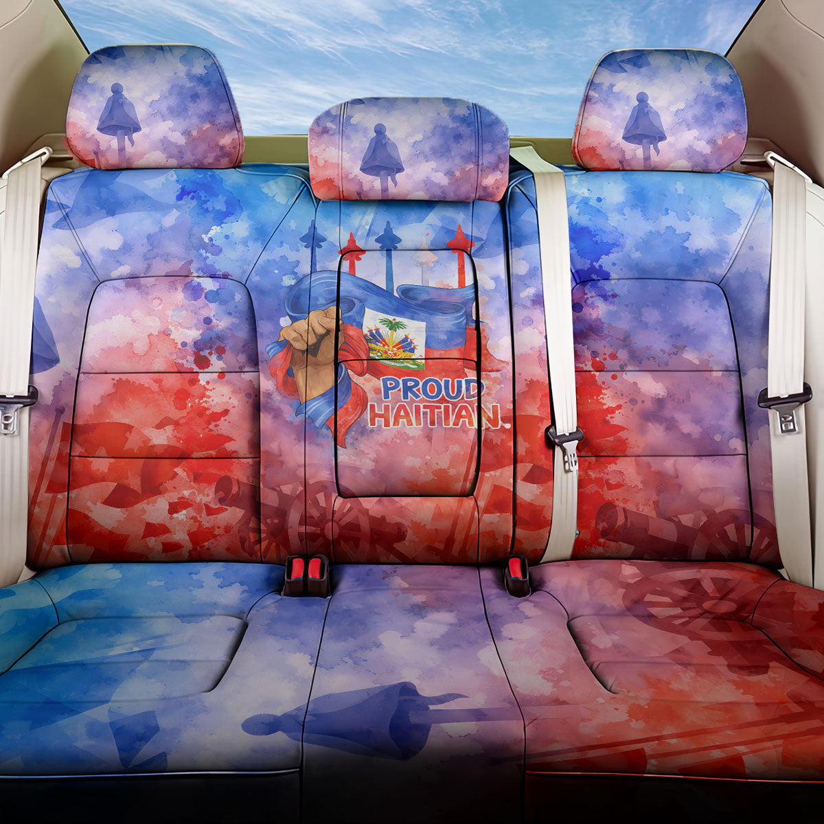 Proud Haitian Flag Day L Union Fait La Force Back Car Seat Cover Artistic Watercolor Heritage Design With Raised Fist And Flag