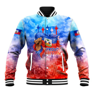 Proud Haitian Flag Day L Union Fait La Force Baseball Jacket Artistic Watercolor Heritage Design With Raised Fist And Flag