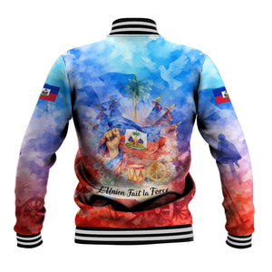 Proud Haitian Flag Day L Union Fait La Force Baseball Jacket Artistic Watercolor Heritage Design With Raised Fist And Flag
