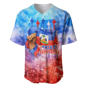 Proud Haitian Flag Day L Union Fait La Force Baseball Jersey Artistic Watercolor Heritage Design With Raised Fist And Flag
