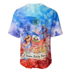 Proud Haitian Flag Day L Union Fait La Force Baseball Jersey Artistic Watercolor Heritage Design With Raised Fist And Flag
