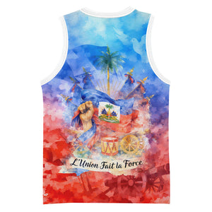 Proud Haitian Flag Day L Union Fait La Force Basketball Jersey Artistic Watercolor Heritage Design With Raised Fist And Flag