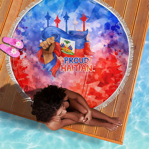 Proud Haitian Flag Day L Union Fait La Force Beach Blanket Artistic Watercolor Heritage Design With Raised Fist And Flag