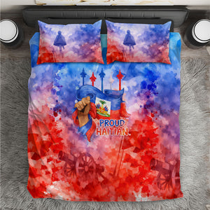 Proud Haitian Flag Day L Union Fait La Force Bedding Set Artistic Watercolor Heritage Design With Raised Fist And Flag