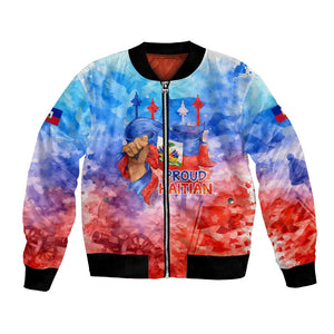 Proud Haitian Flag Day L Union Fait La Force Bomber Jacket Artistic Watercolor Heritage Design With Raised Fist And Flag