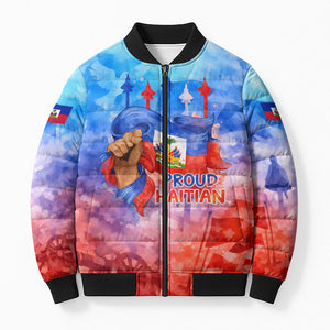 Proud Haitian Flag Day L Union Fait La Force Bomber Puffer Jacket Artistic Watercolor Heritage Design With Raised Fist And Flag