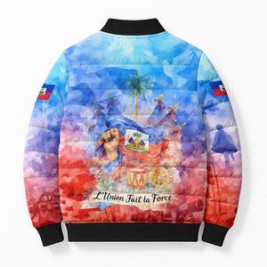 Proud Haitian Flag Day L Union Fait La Force Bomber Puffer Jacket Artistic Watercolor Heritage Design With Raised Fist And Flag