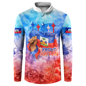 Proud Haitian Flag Day L Union Fait La Force Button Sweatshirt Artistic Watercolor Heritage Design With Raised Fist And Flag