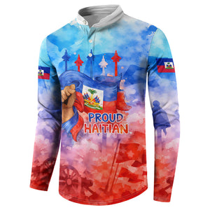 Proud Haitian Flag Day L Union Fait La Force Button Sweatshirt Artistic Watercolor Heritage Design With Raised Fist And Flag