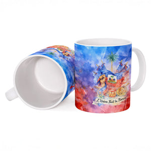 Proud Haitian Flag Day L Union Fait La Force Ceramic Mug Artistic Watercolor Heritage Design With Raised Fist And Flag