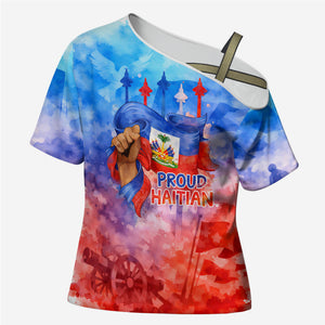 Proud Haitian Flag Day L Union Fait La Force Cross Shoulder Shirt Artistic Watercolor Heritage Design With Raised Fist And Flag