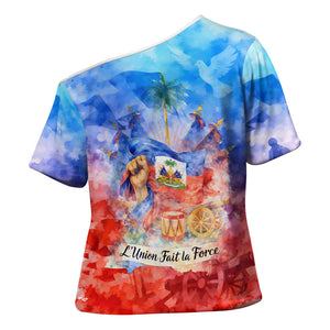 Proud Haitian Flag Day L Union Fait La Force Cross Shoulder Shirt Artistic Watercolor Heritage Design With Raised Fist And Flag