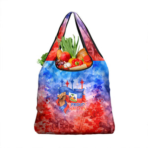 Proud Haitian Flag Day L Union Fait La Force Grocery Bag Artistic Watercolor Heritage Design With Raised Fist And Flag