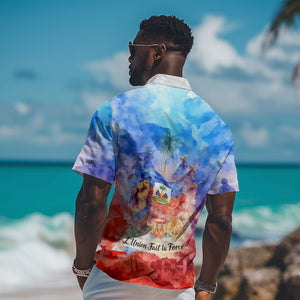Proud Haitian Flag Day L Union Fait La Force Hawaiian Shirt Artistic Watercolor Heritage Design With Raised Fist And Flag