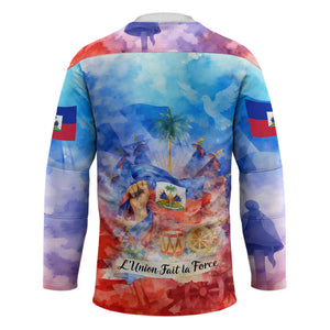 Proud Haitian Flag Day L Union Fait La Force Hockey Jersey Artistic Watercolor Heritage Design With Raised Fist And Flag