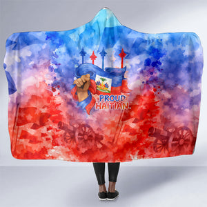 Proud Haitian Flag Day L Union Fait La Force Hooded Blanket Artistic Watercolor Heritage Design With Raised Fist And Flag