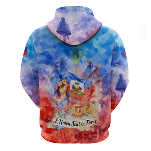 Proud Haitian Flag Day L Union Fait La Force Hoodie Artistic Watercolor Heritage Design With Raised Fist And Flag