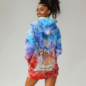 Proud Haitian Flag Day L Union Fait La Force Hoodie Dress Artistic Watercolor Heritage Design With Raised Fist And Flag