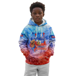 Proud Haitian Flag Day L Union Fait La Force Kid Hoodie Artistic Watercolor Heritage Design With Raised Fist And Flag