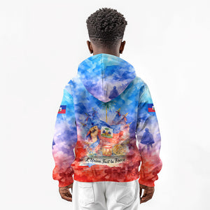 Proud Haitian Flag Day L Union Fait La Force Kid Hoodie Artistic Watercolor Heritage Design With Raised Fist And Flag