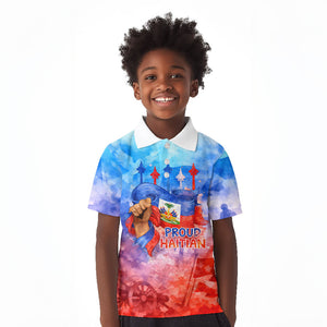 Proud Haitian Flag Day L Union Fait La Force Kid Polo Shirt Artistic Watercolor Heritage Design With Raised Fist And Flag