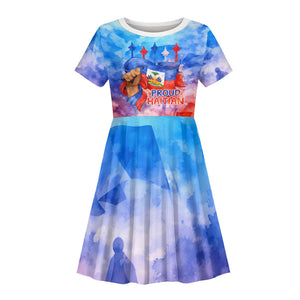 Proud Haitian Flag Day L Union Fait La Force Kid Short Sleeve Dress Artistic Watercolor Heritage Design With Raised Fist And Flag