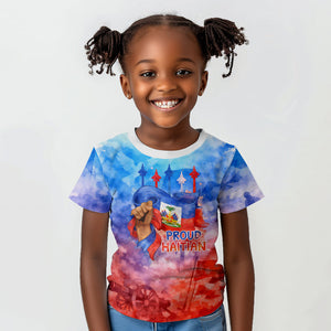 Proud Haitian Flag Day L Union Fait La Force Kid T shirt Artistic Watercolor Heritage Design With Raised Fist And Flag