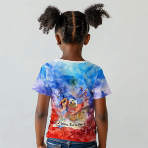 Proud Haitian Flag Day L Union Fait La Force Kid T shirt Artistic Watercolor Heritage Design With Raised Fist And Flag