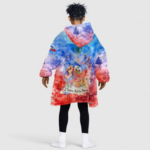 Proud Haitian Flag Day L Union Fait La Force Kid Wearable Blanket Hoodie Artistic Watercolor Heritage Design With Raised Fist And Flag