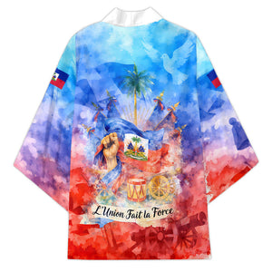 Proud Haitian Flag Day L Union Fait La Force Kimono Artistic Watercolor Heritage Design With Raised Fist And Flag