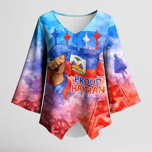 Proud Haitian Flag Day L Union Fait La Force Kimono Sleeve Blouse Artistic Watercolor Heritage Design With Raised Fist And Flag