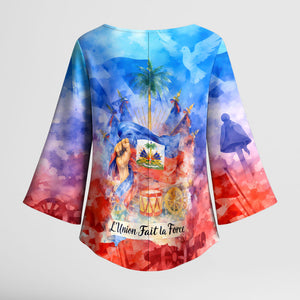 Proud Haitian Flag Day L Union Fait La Force Kimono Sleeve Blouse Artistic Watercolor Heritage Design With Raised Fist And Flag