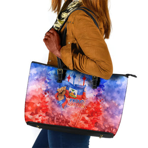 Proud Haitian Flag Day L Union Fait La Force Leather Tote Bag Artistic Watercolor Heritage Design With Raised Fist And Flag