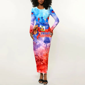 Proud Haitian Flag Day L Union Fait La Force Long Sleeve Bodycon Dress Artistic Watercolor Heritage Design With Raised Fist And Flag