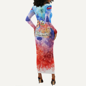 Proud Haitian Flag Day L Union Fait La Force Long Sleeve Bodycon Dress Artistic Watercolor Heritage Design With Raised Fist And Flag