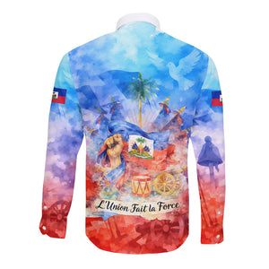 Proud Haitian Flag Day L Union Fait La Force Long Sleeve Button Shirt Artistic Watercolor Heritage Design With Raised Fist And Flag