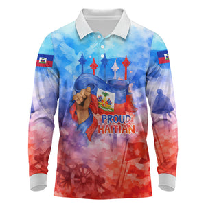 Proud Haitian Flag Day L Union Fait La Force Long Sleeve Polo Shirt Artistic Watercolor Heritage Design With Raised Fist And Flag