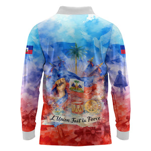 Proud Haitian Flag Day L Union Fait La Force Long Sleeve Polo Shirt Artistic Watercolor Heritage Design With Raised Fist And Flag