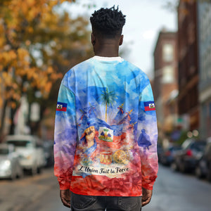 Proud Haitian Flag Day L Union Fait La Force Long Sleeve Shirt Artistic Watercolor Heritage Design With Raised Fist And Flag
