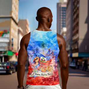 Proud Haitian Flag Day L Union Fait La Force Men Tank Top Artistic Watercolor Heritage Design With Raised Fist And Flag