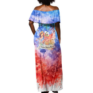 Proud Haitian Flag Day L Union Fait La Force Off Shoulder Maxi Dress Artistic Watercolor Heritage Design With Raised Fist And Flag