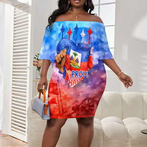 Proud Haitian Flag Day L Union Fait La Force Off Shoulder Short Dress Artistic Watercolor Heritage Design With Raised Fist And Flag