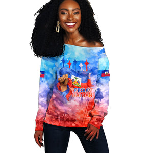 Proud Haitian Flag Day L Union Fait La Force Off Shoulder Sweater Artistic Watercolor Heritage Design With Raised Fist And Flag