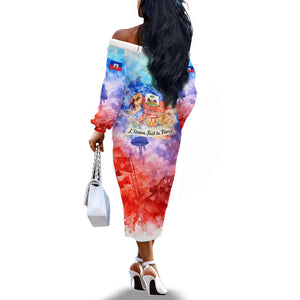 Proud Haitian Flag Day L Union Fait La Force Off The Shoulder Long Sleeve Dress Artistic Watercolor Heritage Design With Raised Fist And Flag