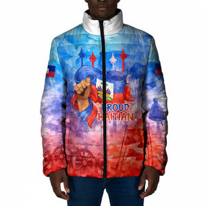 Proud Haitian Flag Day L Union Fait La Force Padded Jacket Artistic Watercolor Heritage Design With Raised Fist And Flag