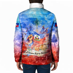 Proud Haitian Flag Day L Union Fait La Force Padded Jacket Artistic Watercolor Heritage Design With Raised Fist And Flag