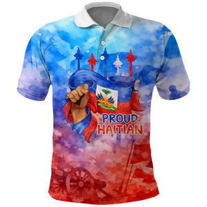 Proud Haitian Flag Day L Union Fait La Force Polo Shirt Artistic Watercolor Heritage Design With Raised Fist And Flag